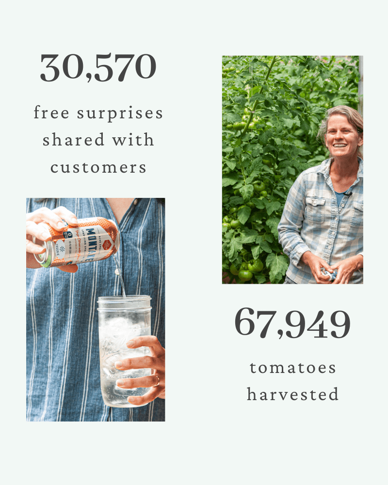 Fresh Harvest sent 30,570 free surprises to customers, including Montane's sparkling water. Fresh Harvest partner farmers harvested over 67,000 tomatoes in 2021!